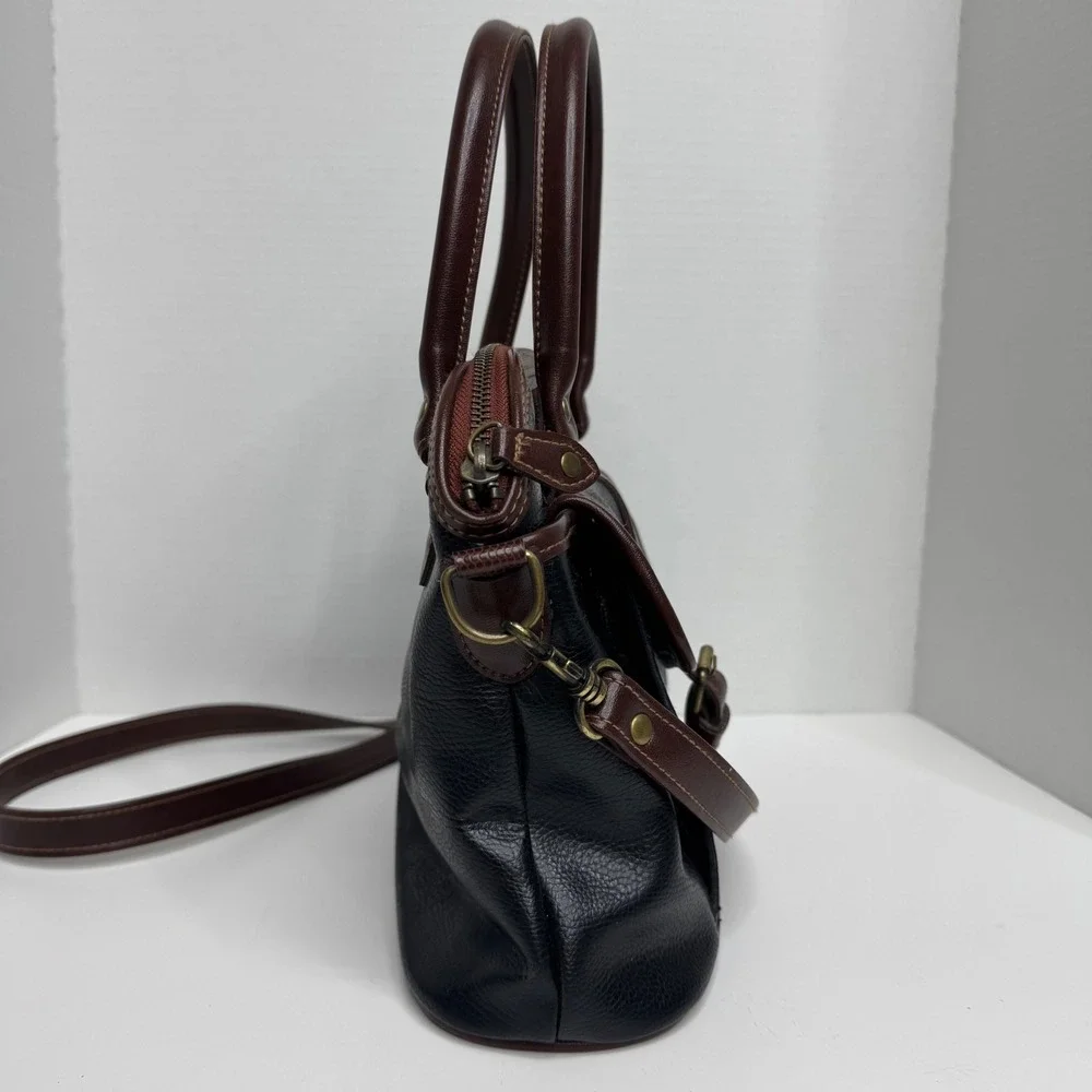 Liz Claiborne Black Brown Pebble Grain Satchel Crossbody Bag Brass Hardware